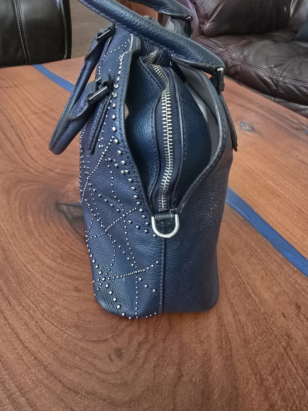 Michael Kors Dark Navy Studded Leather Satchel Adele
